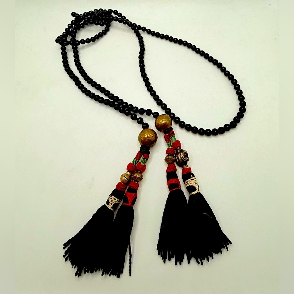 Vintage Black Stone Prayer Bead Lariat Necklace 4 Colorful Brass Bead Tassels